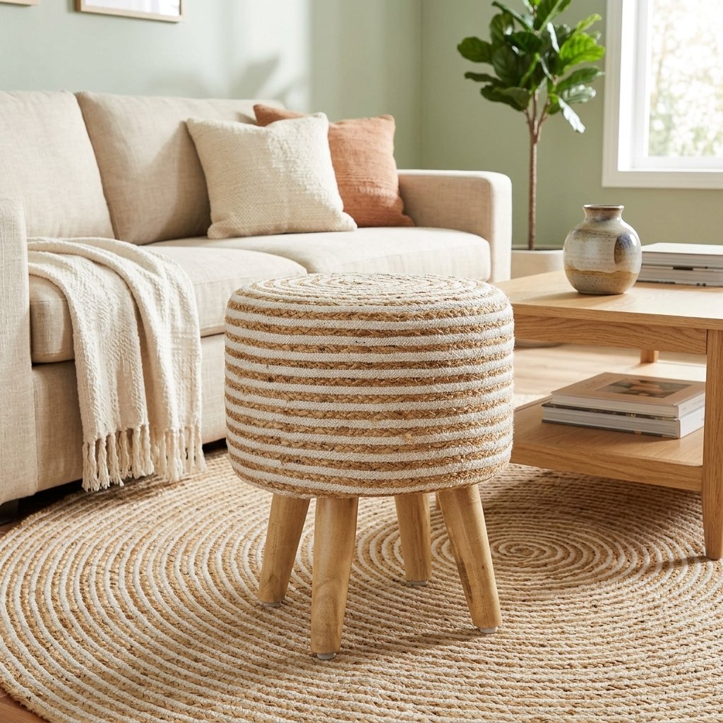 Puf otomano de yute de algodón natural y blanco Natural and white cotton jute pouf ottoman