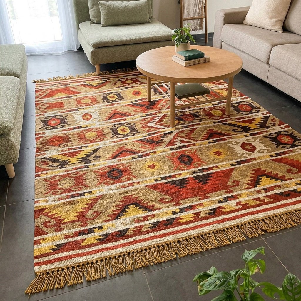 Alfombra kilim de lana y yute de estilo navajo Navajo style wool and jute kilim rug