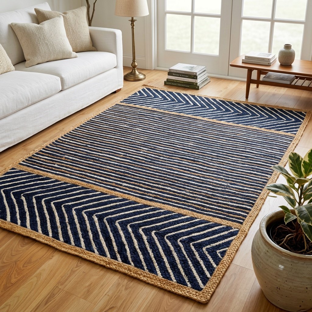 Alfombra de yute a rayas azul marino y blanco Navy and white striped jute area rug