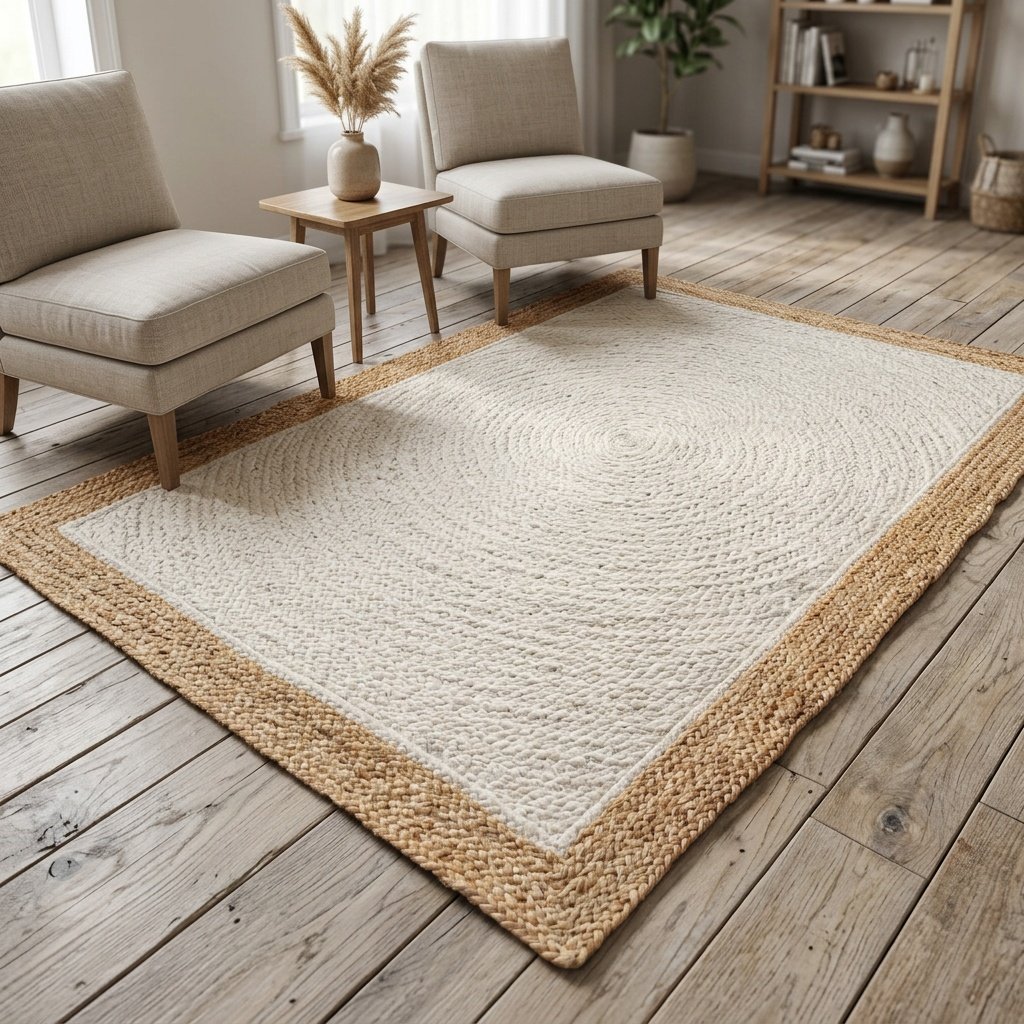 Alfombra de yute blanco roto con borde beige Off white jute rug with beige border