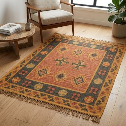 Orange wool and jute kilim area rug