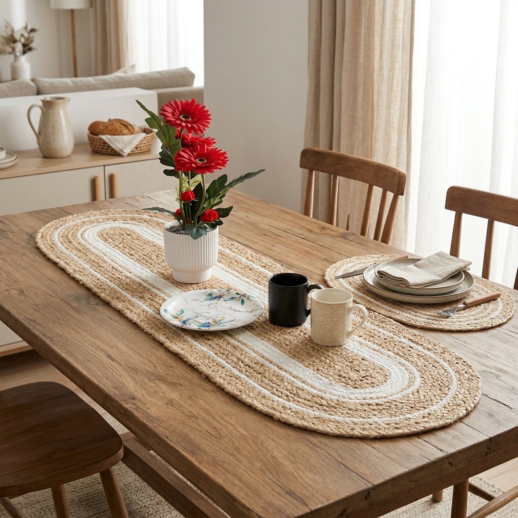 Camino de mesa y manteles individuales ovalados de yute con ribete blanco Oval jute table runner and placemats with white trim