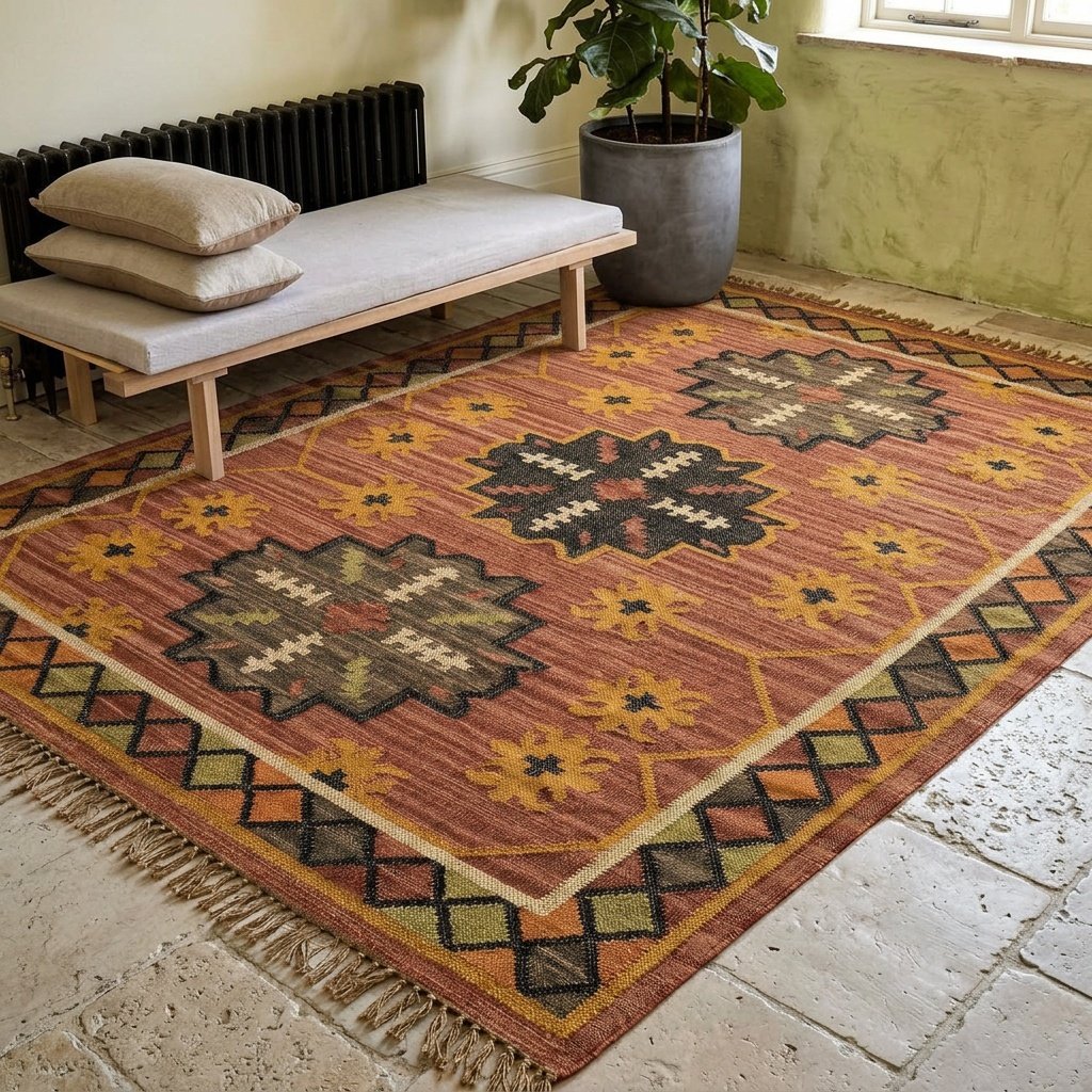 Alfombra de yute y lana navajo roja desteñida Red faded navajo wool and jute rug
