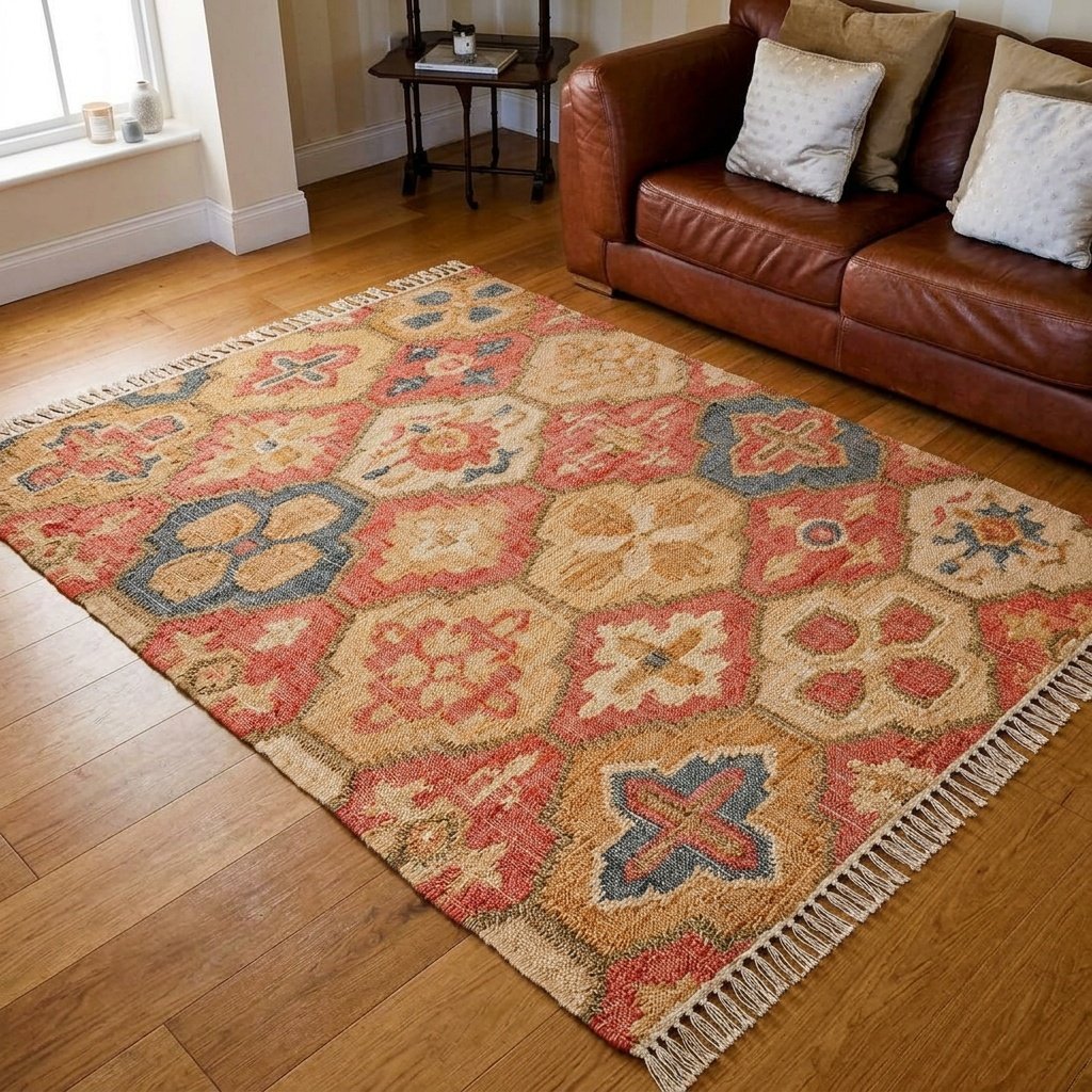 Alfombra de algodón y yute con patrón de celosía roja Red trellis pattern cotton and jute rug