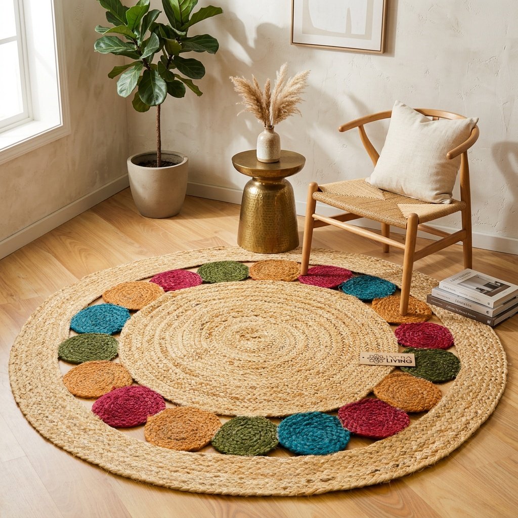 Alfombra redonda de yute con medallón de colores Round coloured medallion jute rug