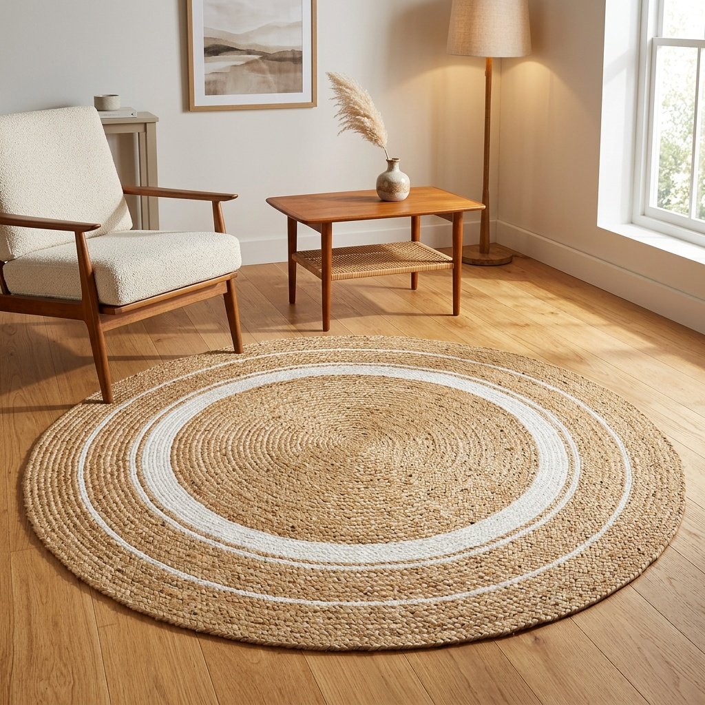 Alfombra redonda de yute con ribete blanco Round jute rug with white trim