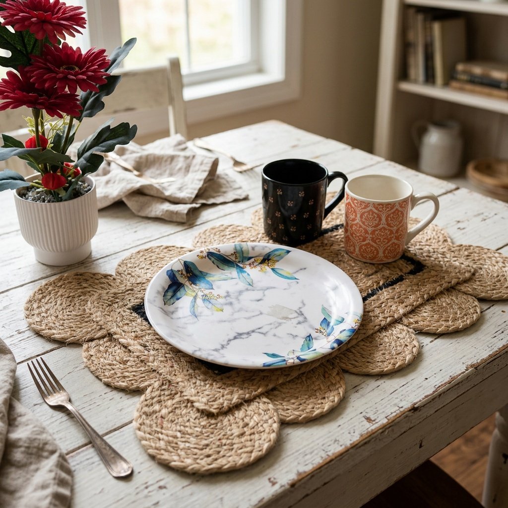 Manteles individuales de yute festoneados con ribete negro Scalloped jute placemats with black trim