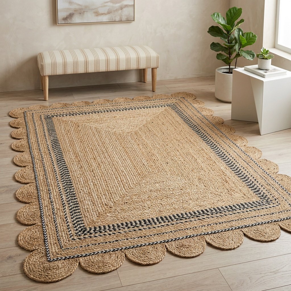Alfombra de yute festoneada con ribete blanco y negro Scalloped jute rug with black and white trim