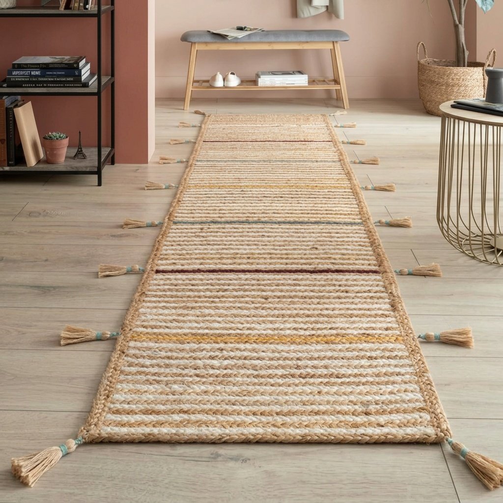 Alfombra de yute a rayas con borlas Striped jute rug with tassels