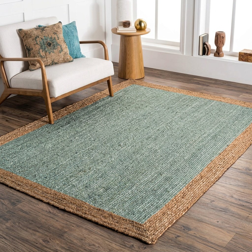 Alfombra de yute turquesa con borde natural Turquoise jute rug with natural border