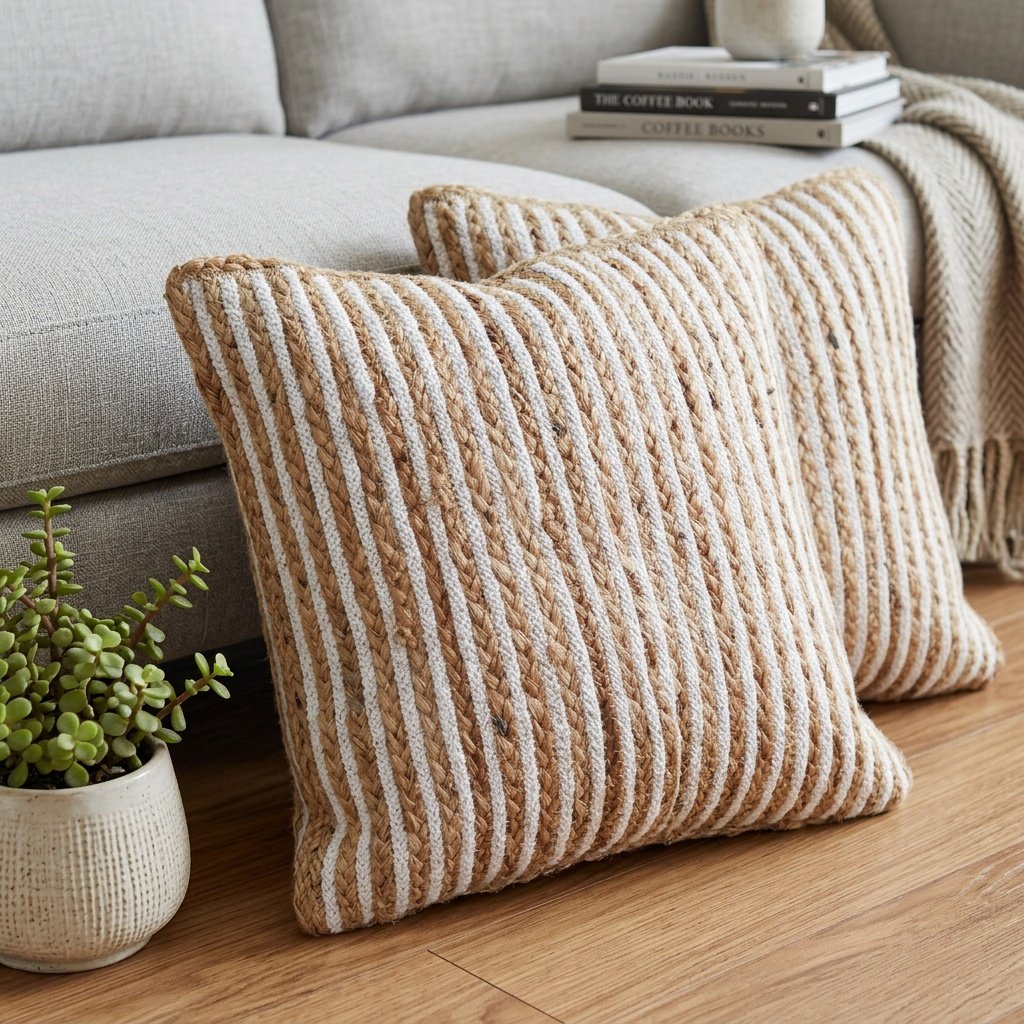 Set de cojines de algodón y yute trenzado blanco y natural White and natural braided cotton jute pillows set