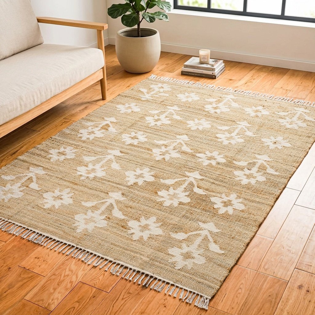 Alfombra de algodón y yute con flores blancas White flower cotton and jute rug