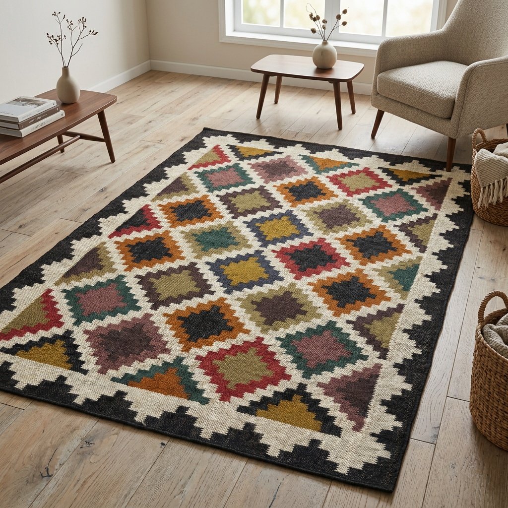 Alfombra kilim de lana y yute con dibujo de rombos Wool jute kilim rug with diamond pattern