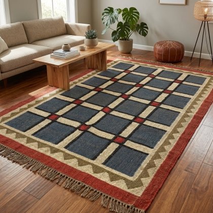 Wool jute kilim rug with red border