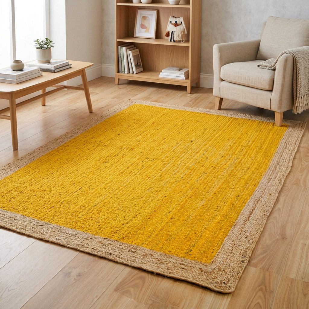 Alfombra de yute trenzado amarillo con borde natural Yellow braided jute rug with natural border