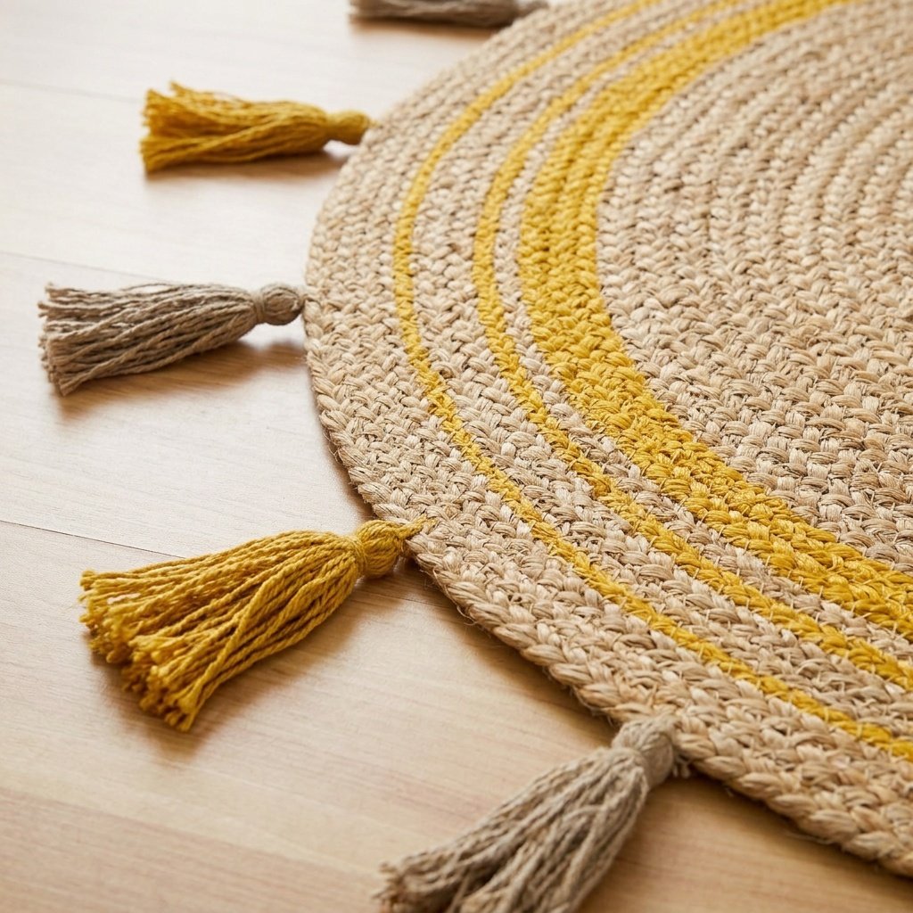 Alfombra de yute redonda trenzada con borlas y ribete amarillo Yellow trim braided round jute rug with tassels