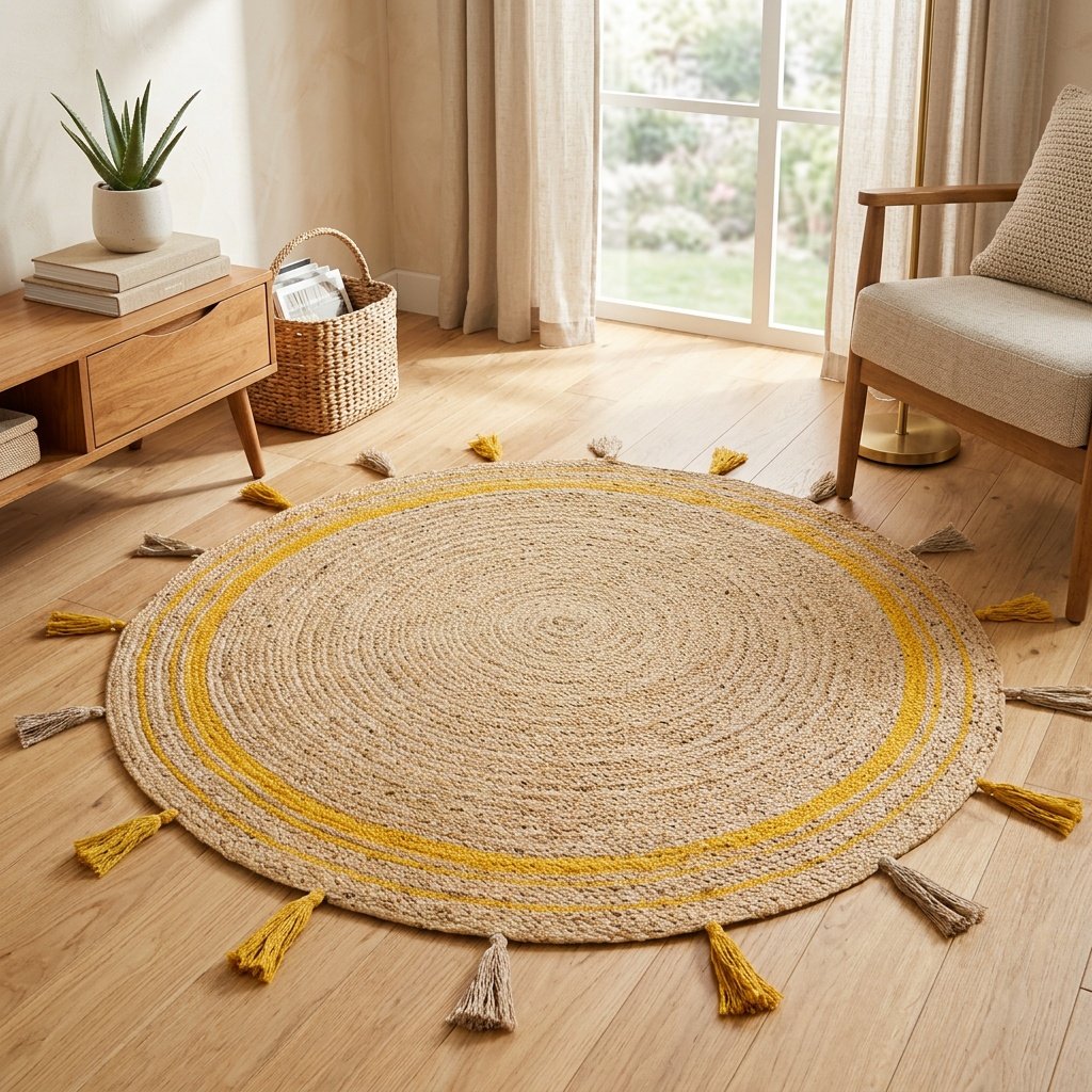 Alfombra de yute redonda trenzada con borlas y ribete amarillo Yellow trim braided round jute rug with tassels