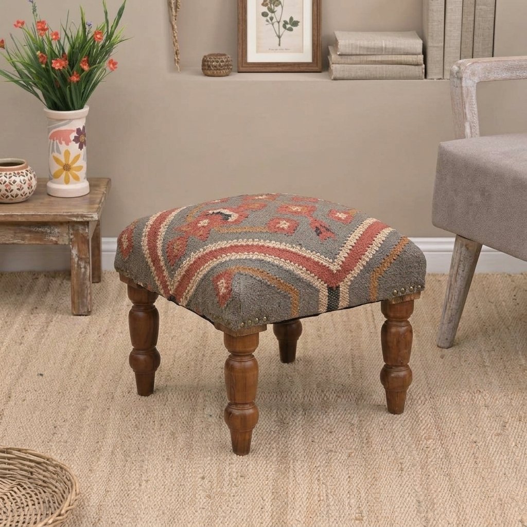 Taburete otomano de yute gris Grey jute stool ottoman