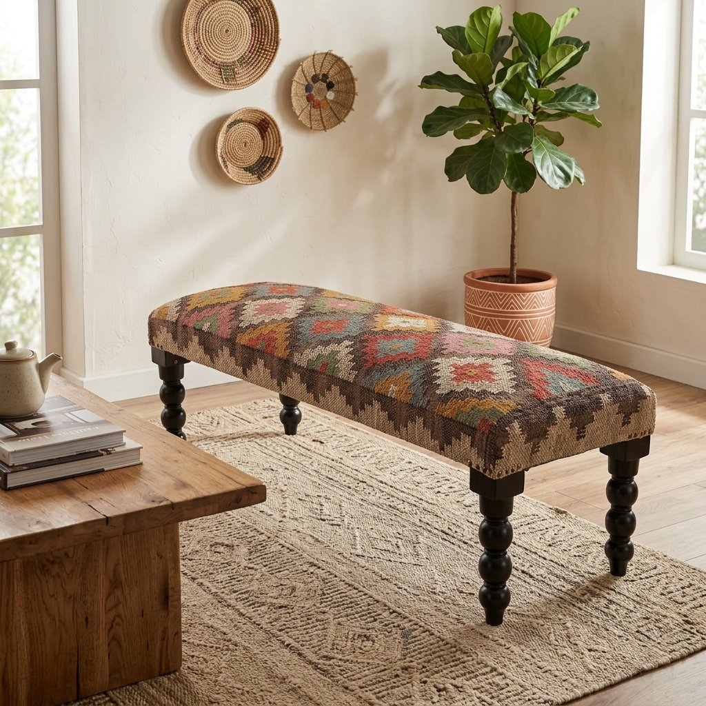 Banco otomano de lana y yute con diseño de diamantes multicolor Multicolor diamond wool and jute ottoman bench