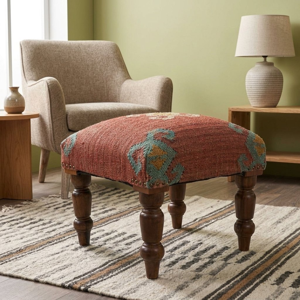 Taburete otomano Navajo de yute rojo Navajo red jute ottoman stool