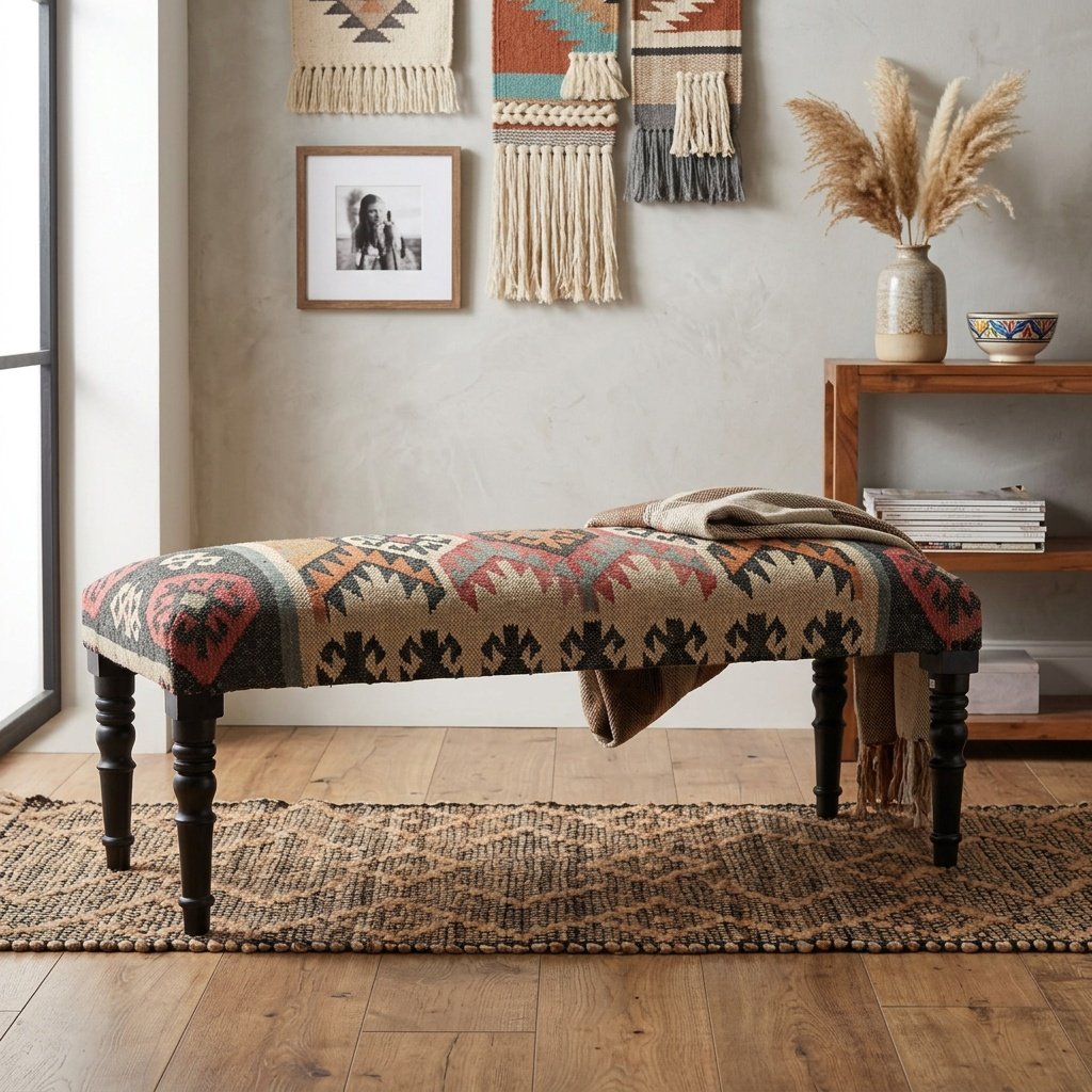 Banco otomano de lana y yute navajo Navajo wool and jute ottoman bench