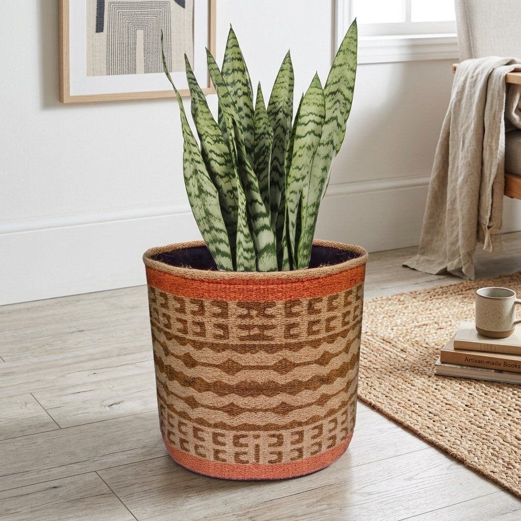 Cesta redonda de yute kilim con borde naranja Orange border kilim jute round basket