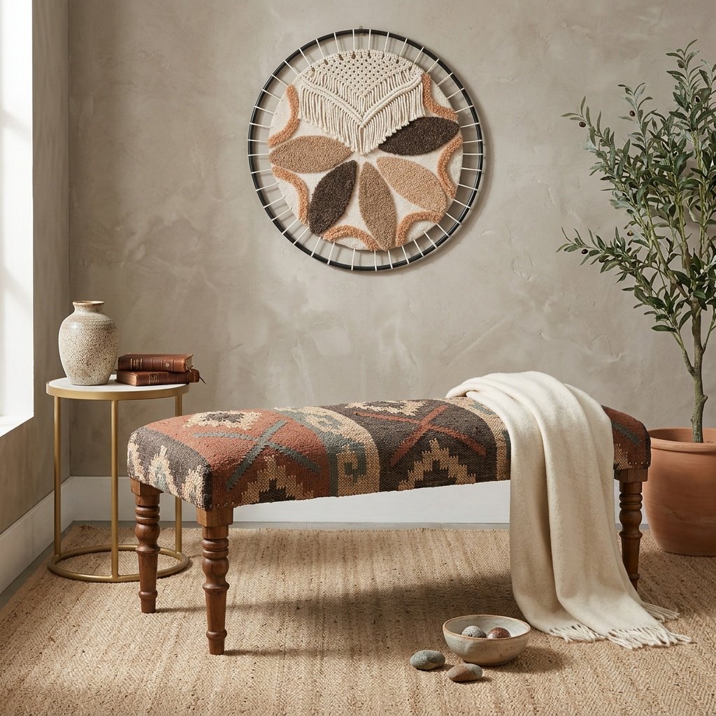 Banco otomano oriental de lana y yute kilim Oriental wool and jute kilim ottoman bench