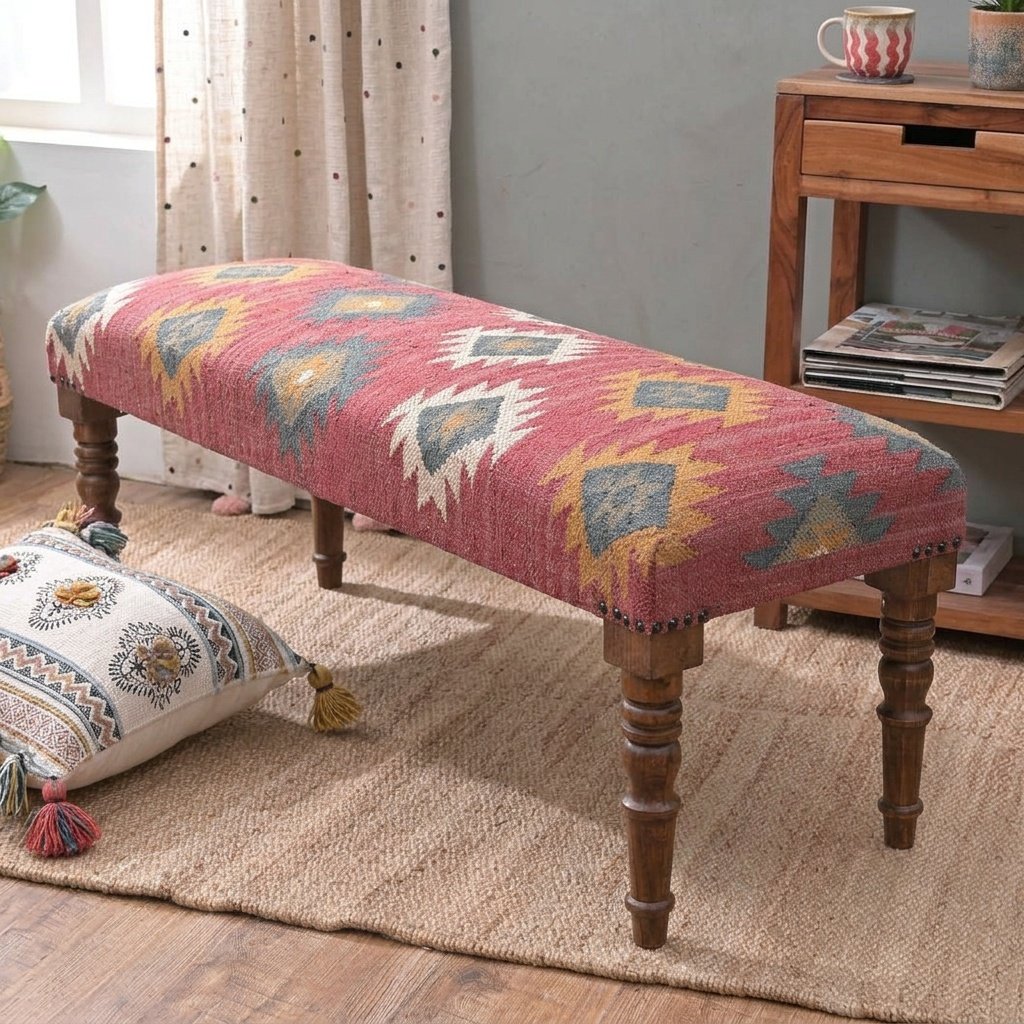 Banco otomano de lana y yute navajo rojo Red navajo wool and jute kilim ottoman bench