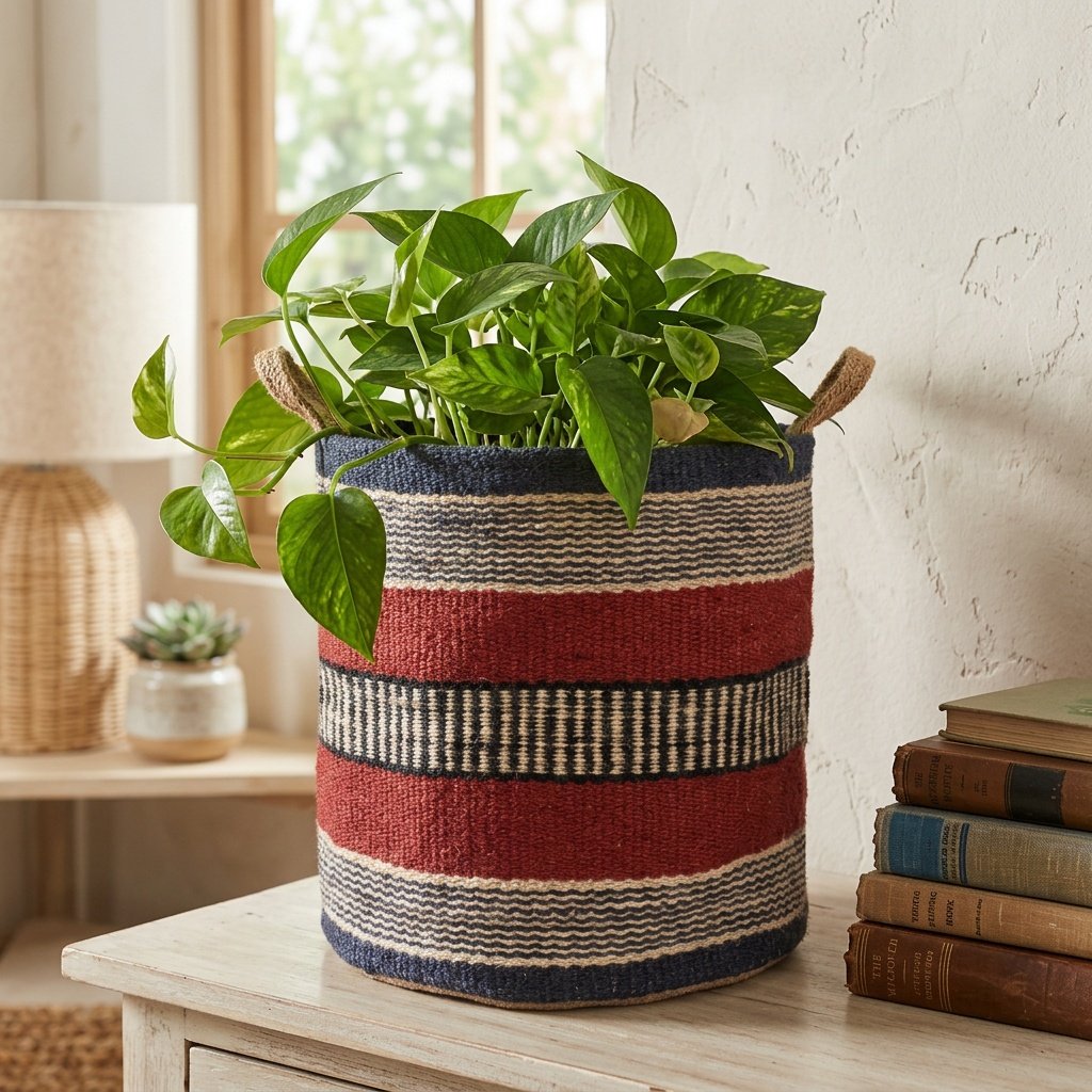Cesta de yute óxido y azul marino para plantas Rust and navy jute basket for plant
