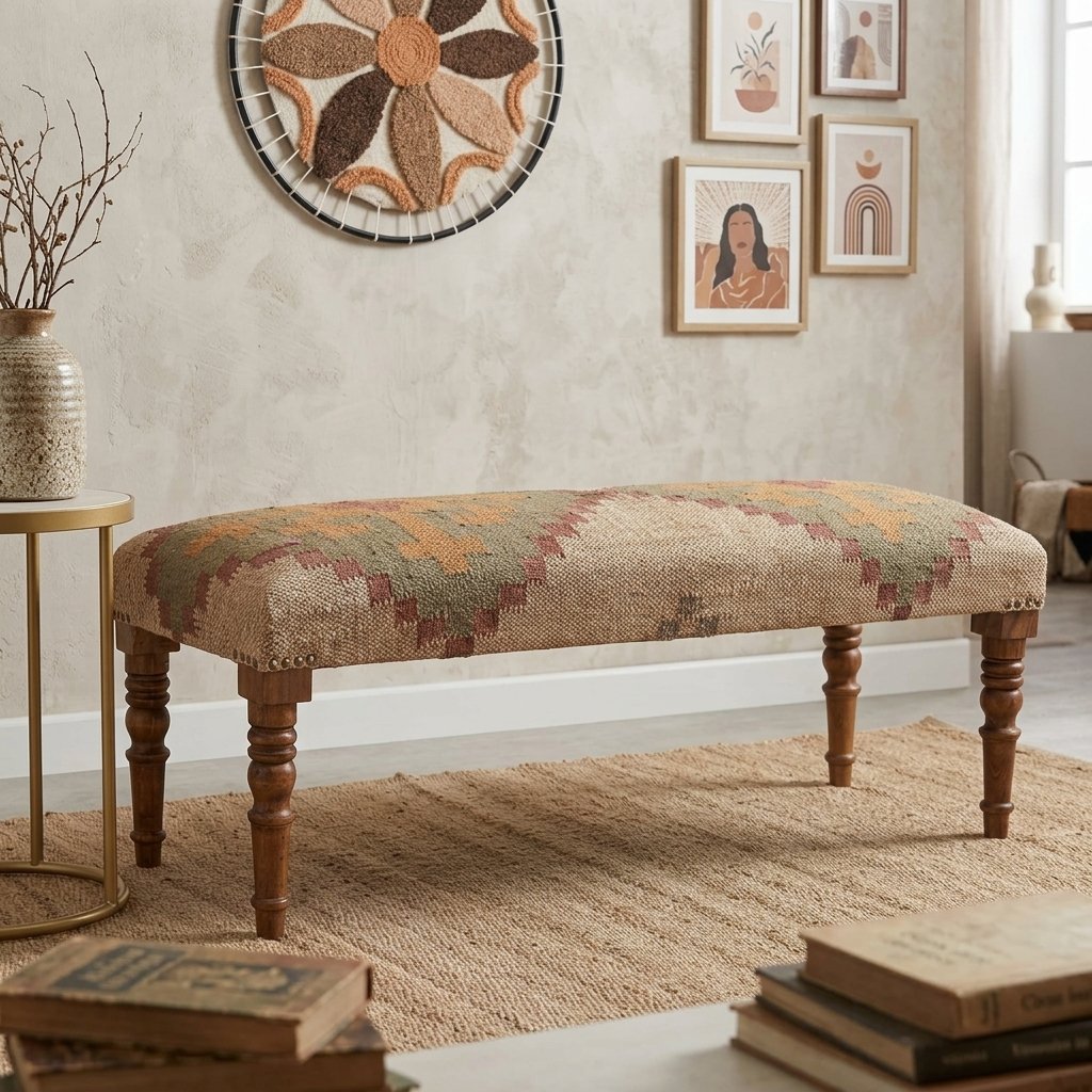 Banco otomano tapizado de lana y yute Upholstered wool and jute ottoman bench