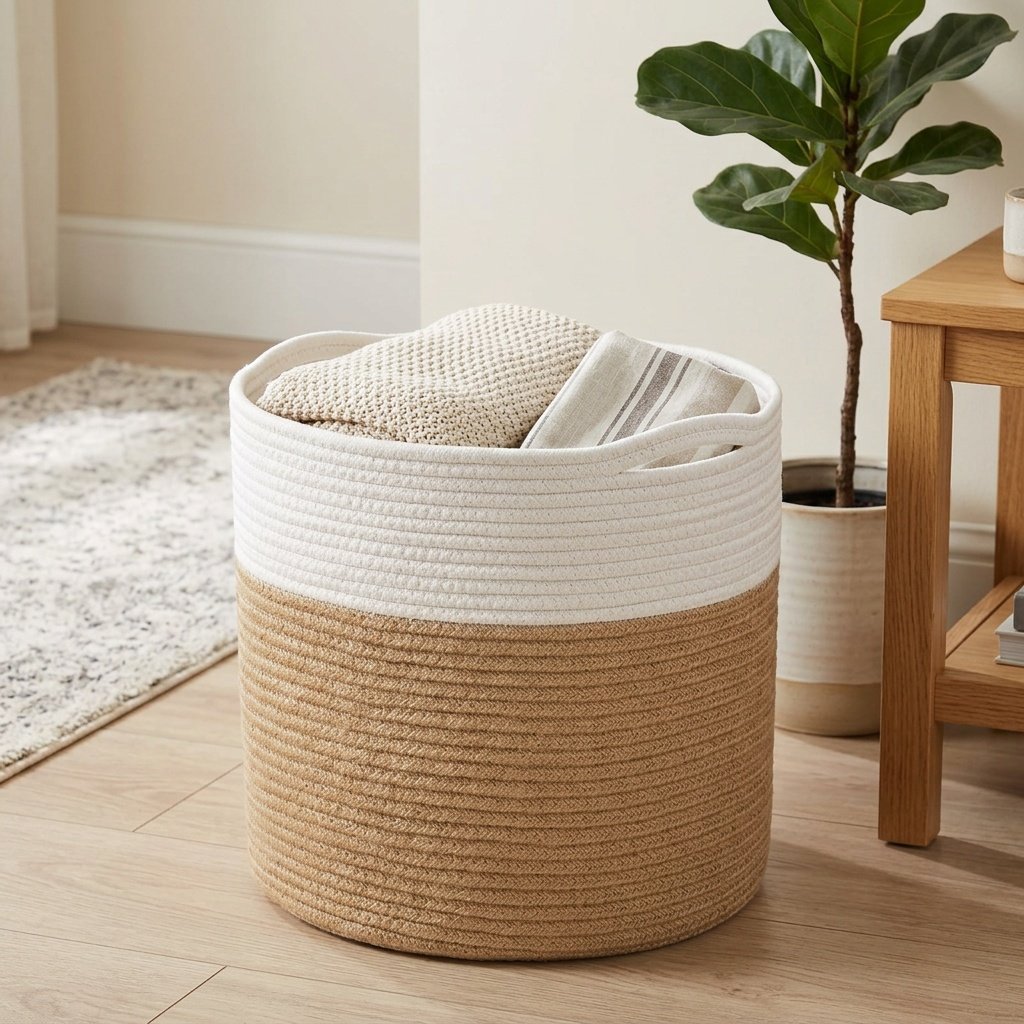 Cesta para plantas de yute blanco y natural White and natural jute plant basket